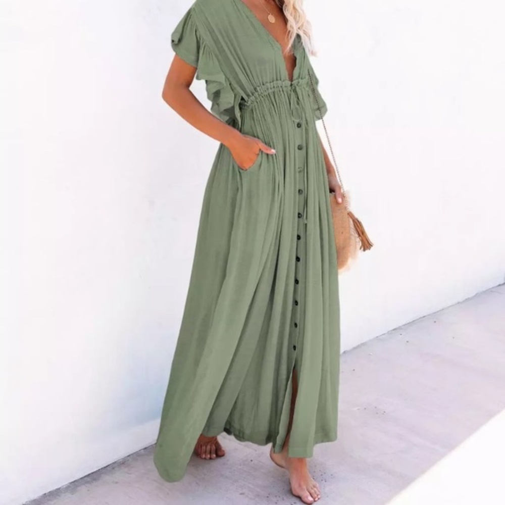 Sage Green Gauze Boho Button Maxi Dress - Picture 3 of 4